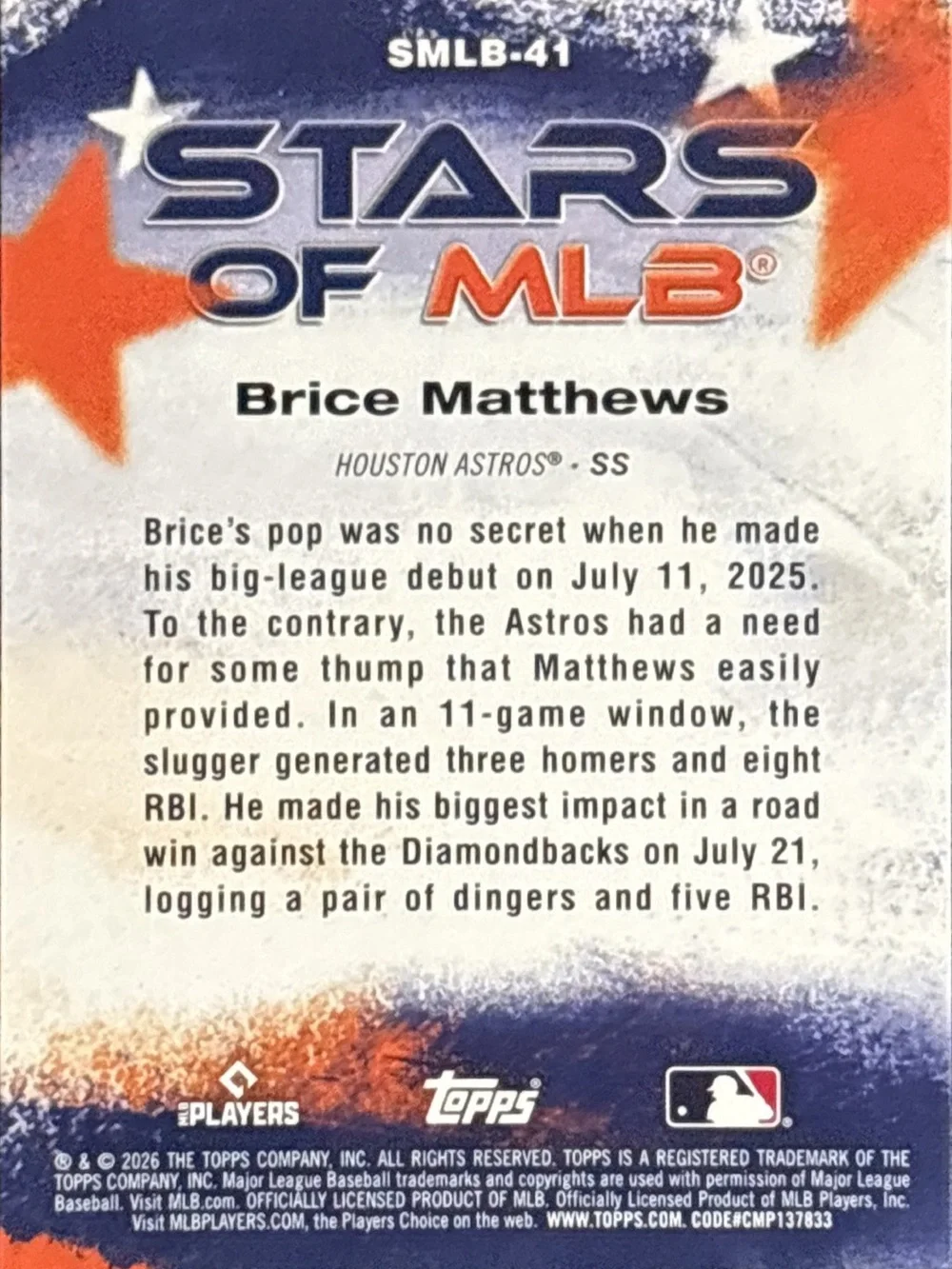 Topps Houston Astros Brice Matthews Rookie Card